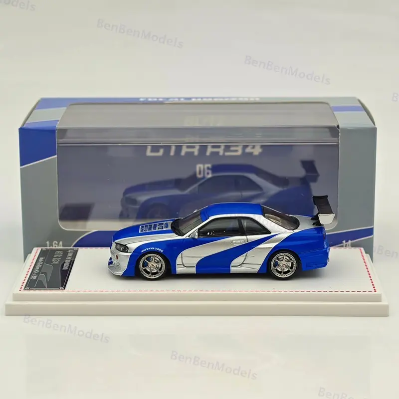 1/64 FH Skyline R34 GTR Silver Blue Diecast Model Car Limited Collection