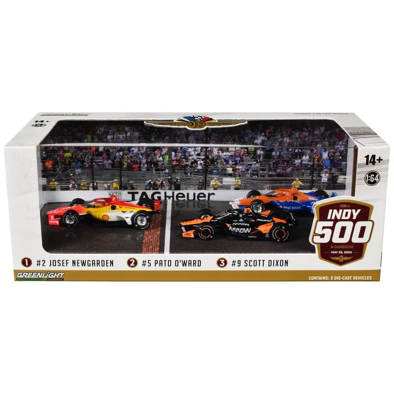 "108th Indianapolis 500" (2024) Podium Set of 3 IndyCars 1/64 Diecast Model Cars by Greenlight