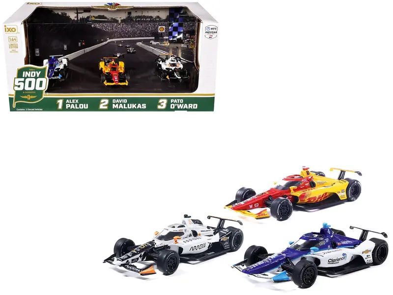 "109th Indianapolis 500" (2025) Podium Set of 3 IndyCars 1/64 Diecast Model Cars by IXO Models