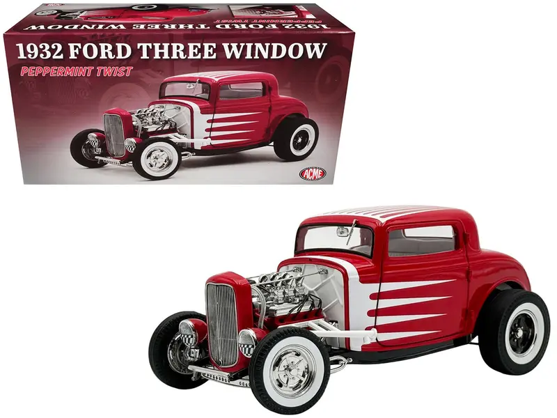 1932 Ford 3 Window Coupe "Peppermint Twist" Red with White Graphics Limited Edition to 372 pieces Worldwide 1/18 Diecast Model Car by ACME