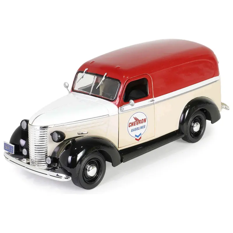 1939 Chevrolet Panel Truck "Chevron Gasolines" Red and Beige with White Hood and Stripes "Running on Empty" Series 7 1/24 Diecast Model Car by Greenlight