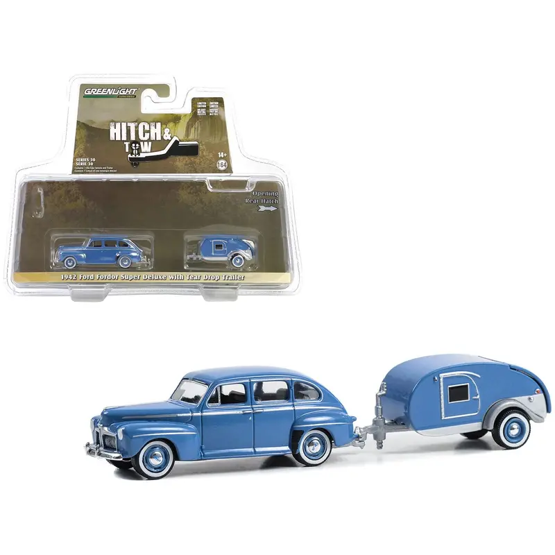 1942 Ford Fordor Super Deluxe Florentine Blue with Tear Drop Trailer "Hitch & Tow" Series 30 1/64 Diecast Model Car by Greenlight