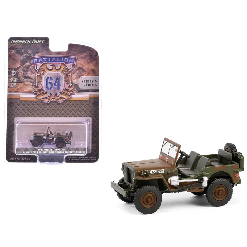 1942 Willys Jeep MB "1st Canadian Tank Brigade Three Rivers Regiment England" Green and Brown Camouflage "Battalion 64" Series 1/64 Diecast Model Car by Greenlight