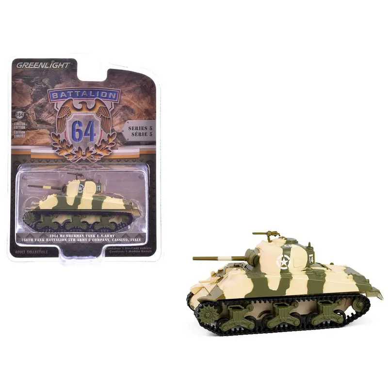 1944 M4 Sherman Tank "U.S. Army 756th Tank Battalion 5th Army C Company Cassino Italy" Camouflage "Battalion 64" Series 5 1/64 Diecast Model Car by Greenlight