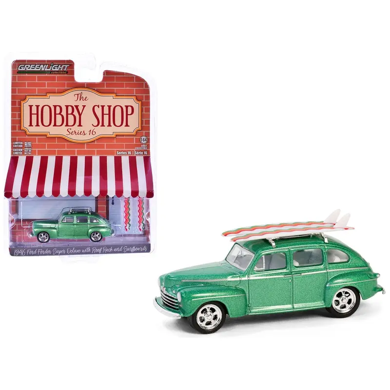 1946 Ford Fordor Super Deluxe Green Metallic with White Interior and Roof Rack with Surfboards "The Hobby Shop" Series 16 1/64 Diecast Model Car by Greenlight