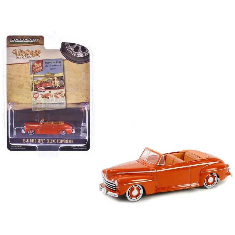 1946 Ford Super Deluxe Convertible Orange "Chevron Supreme" "Vintage Ad Cars" Series 10 1/64 Diecast Model Car by Greenlight