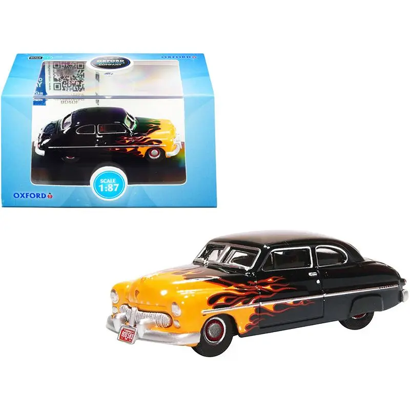 1949 Mercury Coupe "Hot Rod" Black and Yellow with Flames 1/87 (HO) Scale Diecast Model Car by Oxford Diecast