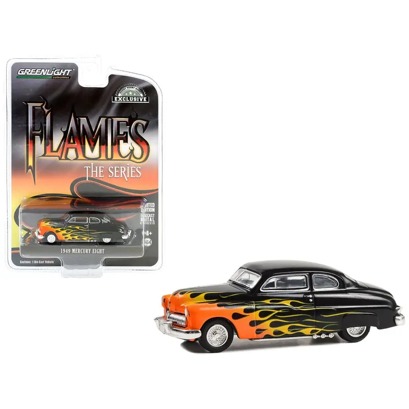 1949 Mercury Eight Black with Flames "Flames-Hobby Exclusive" Series 1/64 Diecast Model Car by Greenlight