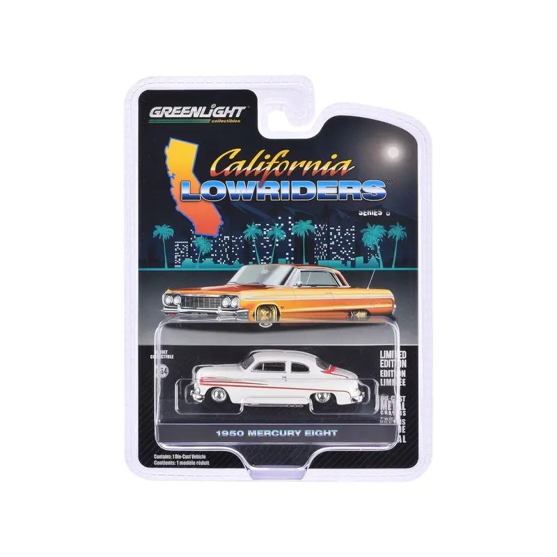 1950 Mercury Eight Coupe Matt White with Orange Stripes "California Lowriders" Series 6 1/64 Diecast Model Car by Greenlight