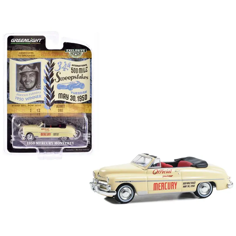 1950 Mercury Monterey Convertible Cream "Official Pace Car 34th International 500 Mile Sweepstakes" "Hobby Exclusive" Series 1/64 Diecast Model Car by Greenlight