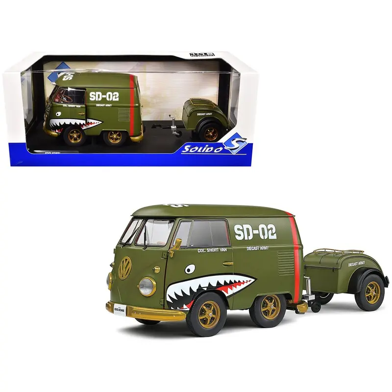 1950 Volkswagen Kool Kombi Van with Trailer "Army Fighter" Green with Graphics 1/18 Diecast Model Car by Solido