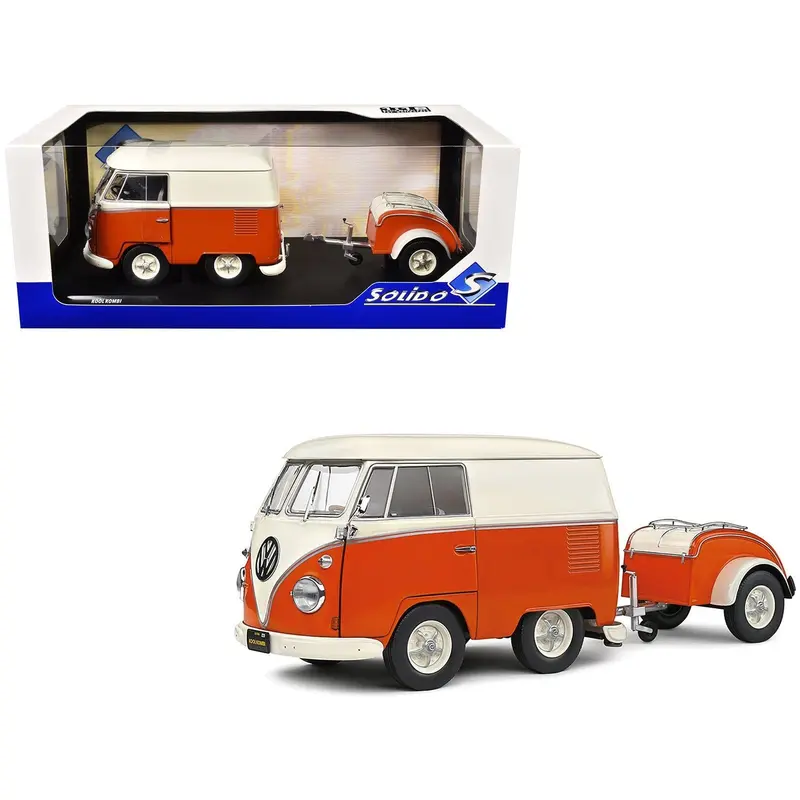 1950 Volkswagen Kool Kombi Van with Trailer Orange and White 1/18 Diecast Model Car by Solido