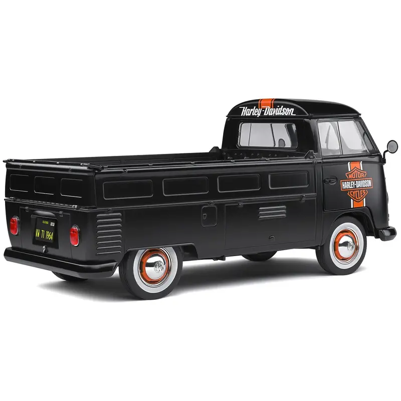 1950 Volkswagen T1 Custom Pickup Truck Matt Black with Orange Stripes "Harley Davidson" with Surfboard Accessory 1/18 Diecast Model Car by Solido