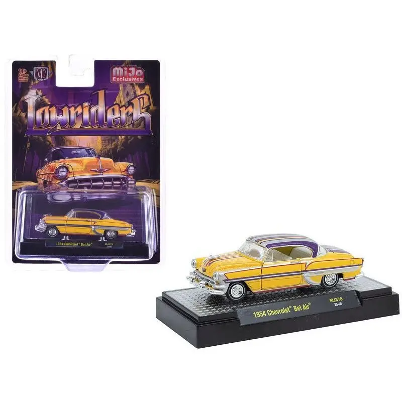1954 Chevrolet Bel Air "Lowriders" Yellow Metallic with Stripes and Silver Stripes Top and White Interior Limited Edition to 3300 pieces Worldwide 1/64 Diecast Model Car by M2 Machines