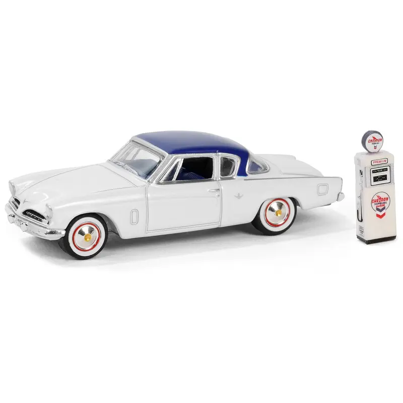 1954 Studebaker Commander Starliner White with Blue Top and Blue Interior with "Chevron Supreme" Vintage Wayne 505 Gas Pump "The Hobby Shop" Series 16 1/64 Diecast Model Car by Greenlight
