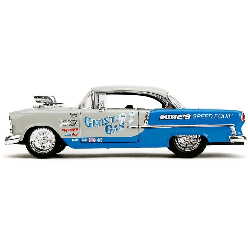 1955 Chevrolet Bel Air "Ghost Gas - Mike's Speed Equip" Light Gray and Blue "Bigtime Muscle" Series 1/24 Diecast Model Car by Jada