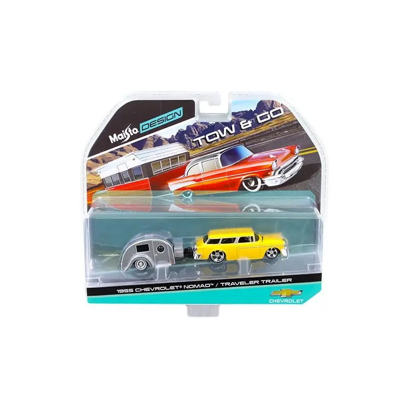 1955 Chevrolet Nomad with Traveler Trailer Yellow Tow & Go 1/64 Diecast Model by Maisto