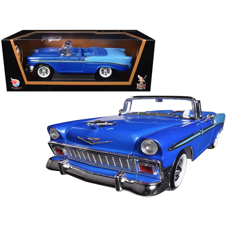 1956 Chevrolet Bel Air Convertible Dark Blue Metallic and Light Blue 1/18 Diecast Model Car by Road Signature