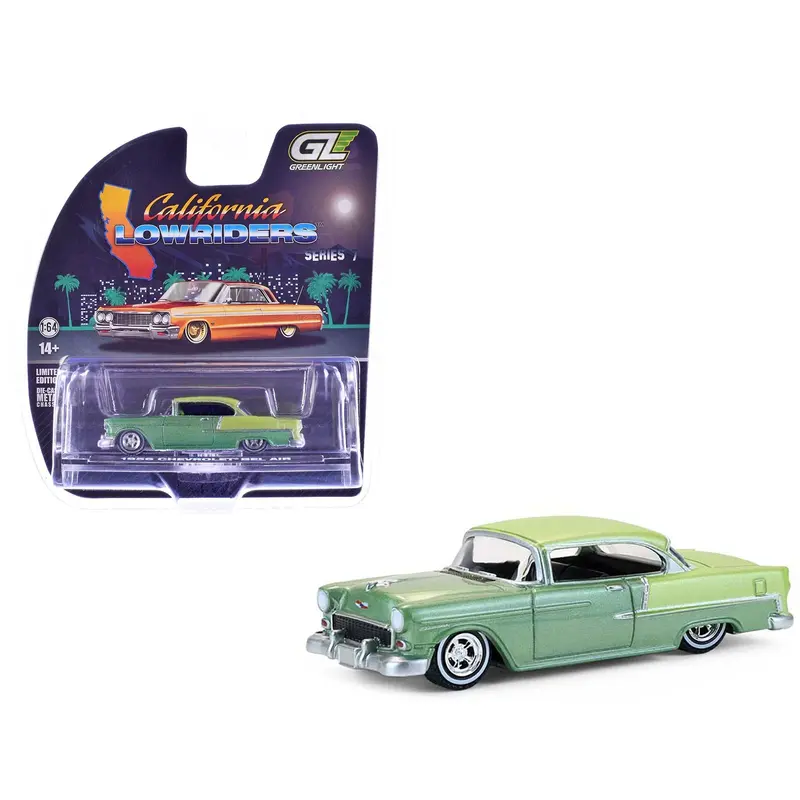 1956 Chevrolet Bel Air Lowrider Laurel Green Metallic and Crocus Yellow Two-Tone with Green Interior "California Lowriders" Series 7 1/64 Diecast Model Car by Greenlight