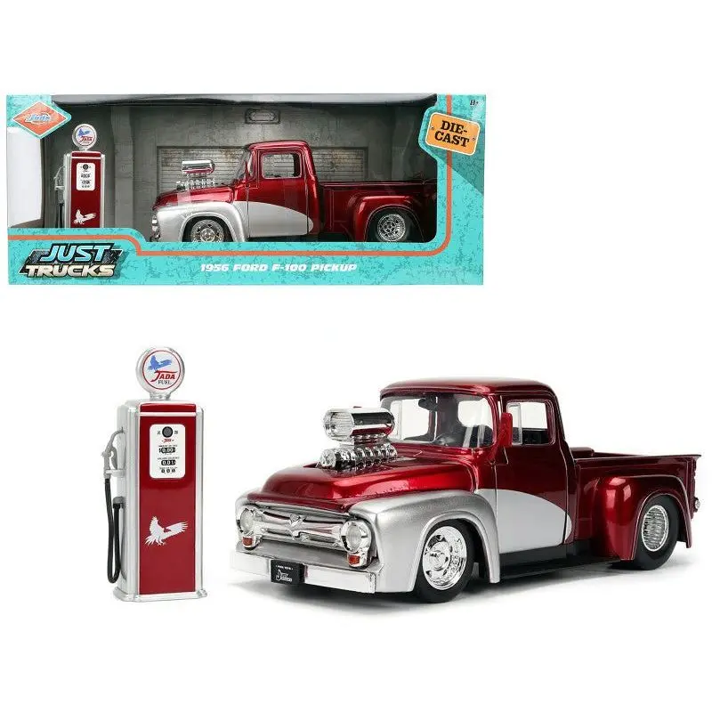 1956 Ford F-100 Pickup Truck Red Metallic with Silver Accents and Jada Gas Pump "Just Trucks" Series 1/24 Diecast Model Car by Jada