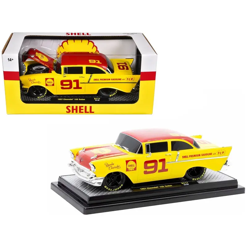 1957 Chevrolet 150 Sedan #91 Yellow with Red Hood and Top "Shell Oil" Limited Edition to 6250 pieces Worldwide 1/24 Diecast Model Car by M2 Machines