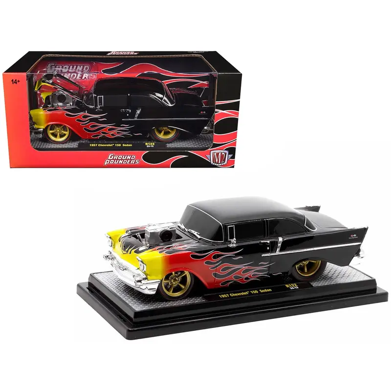 1957 Chevrolet 150 Sedan Black with Flames Graphics Limited Edition to 4250 pieces Worldwide 1/24 Diecast Model Car by M2 Machines