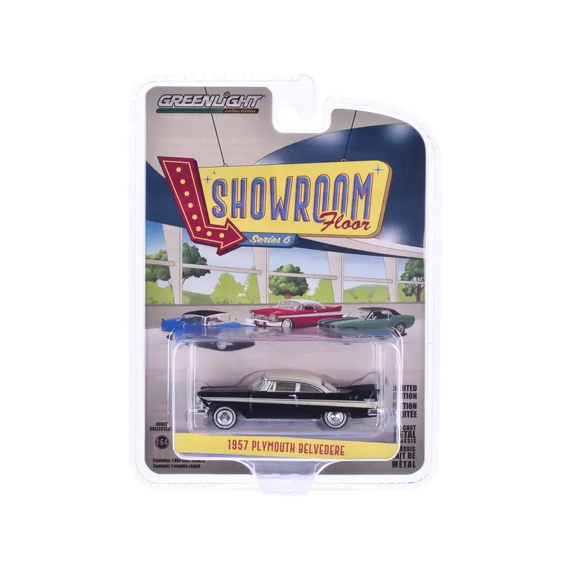 1957 Plymouth Belvedere Jet Black with Sand Dune White Top and Stripes "Showroom Floor" Series 6 1/64 Diecast Model Car by Greenlight
