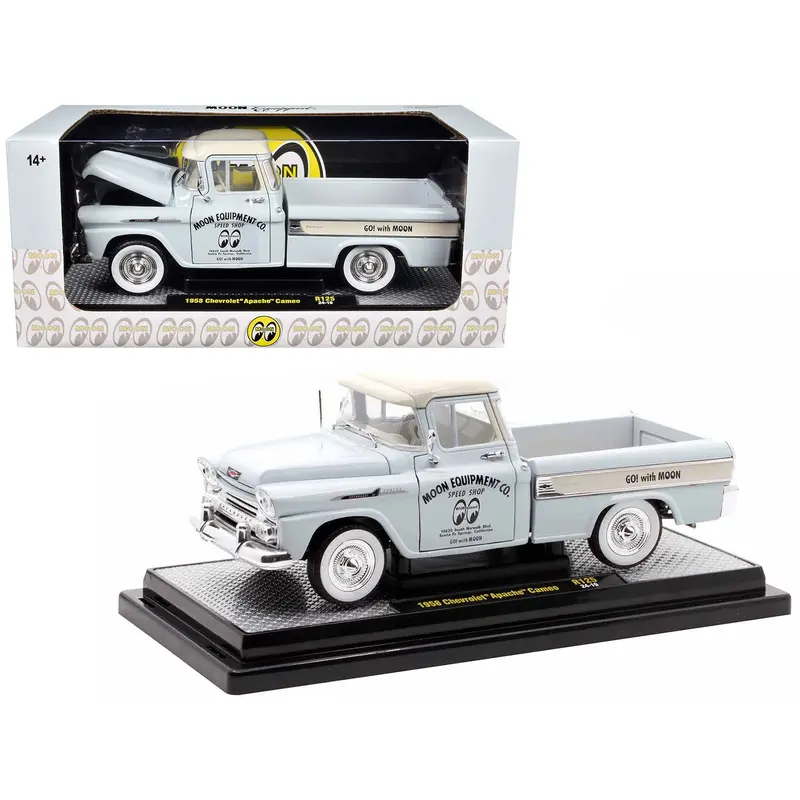 1958 Chevrolet Apache Cameo Pickup Truck "Mooneyes" Light Gray with White Top Limited Edition to 6650 pieces Worldwide 1/24 Diecast Model Car by M2 Machines