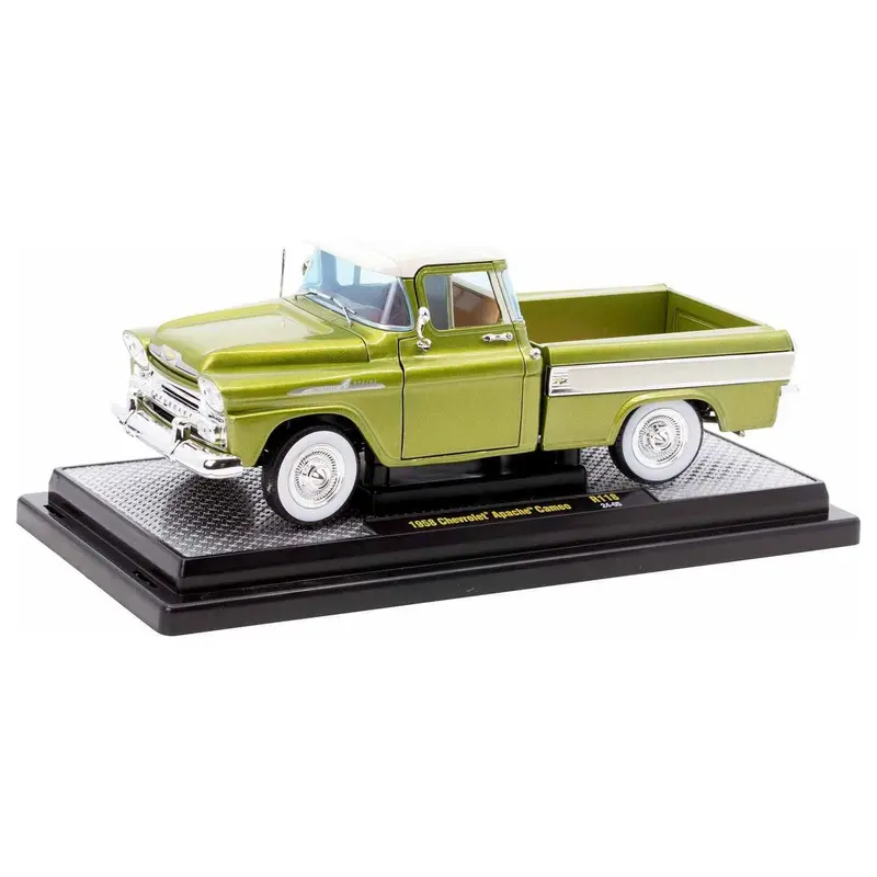 1958 Chevrolet Apache Cameo Pickup Truck Olive Green Metallic with Wimbledon White Top Limited Edition to 6250 pieces Worldwide 1/24 Diecast Model Car by M2 Machines