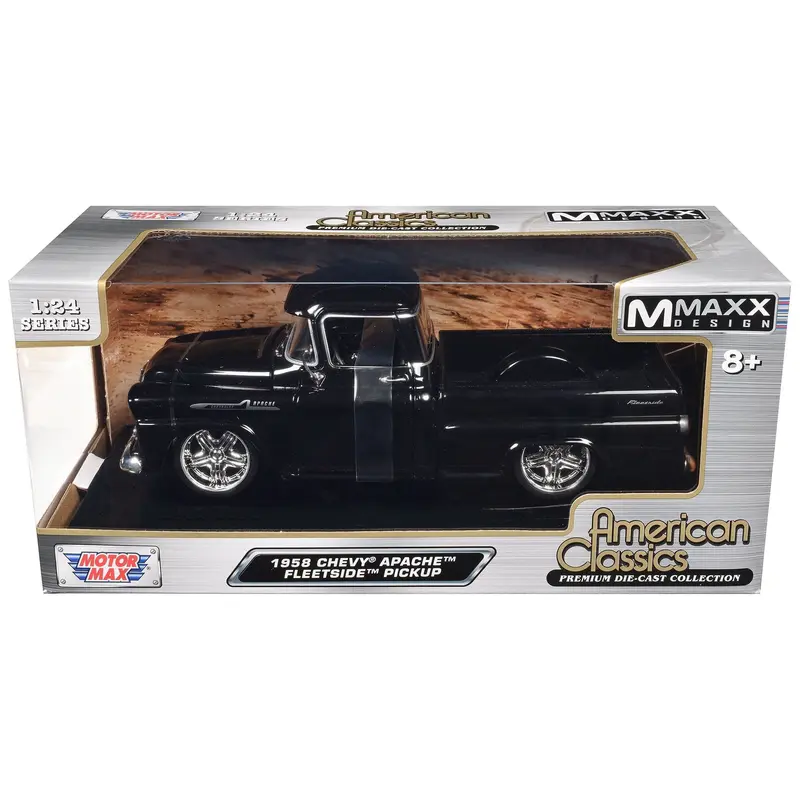 1958 Chevrolet Apache Fleetside Pickup Black "Maxx Design" "American Classics" Series 1/24 Diecast Model Car by Motormax
