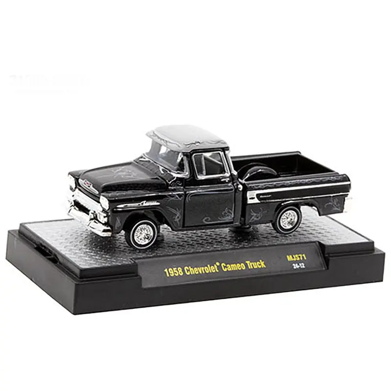 1958 Chevrolet Cameo Pickup Truck Black Metallic with Graphics and Gray Top "Lowriders" Limited Edition to 5500 pieces Worldwide 1/64 Diecast Model Car by M2 Machines