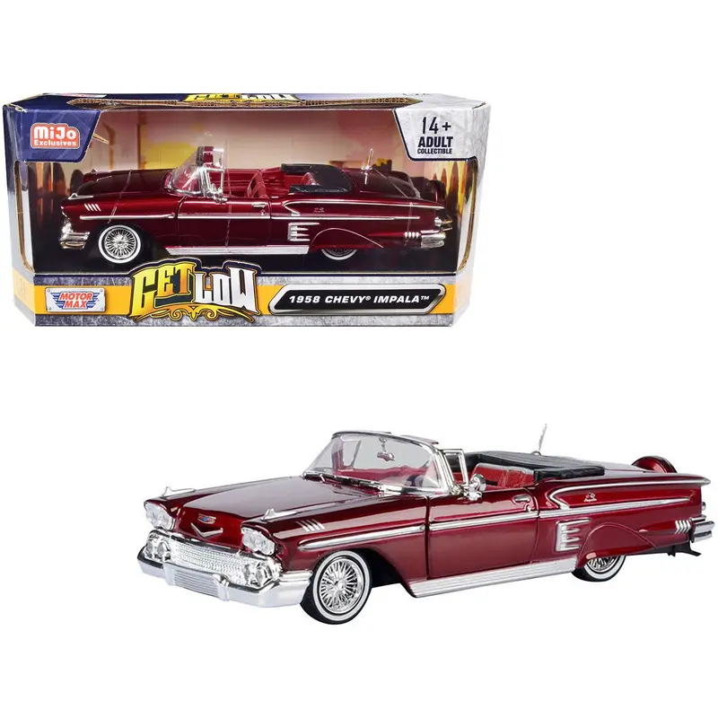 1958 Chevrolet Impala Convertible Lowrider Dark Red Metallic with Red Interior "Get Low" Series 1/24 Diecast Model Car by Motormax