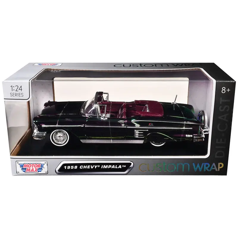 1958 Chevrolet Impala Green and Purple Chrome "Custom Wrap" Series 1/24 Diecast Model Car by Motormax