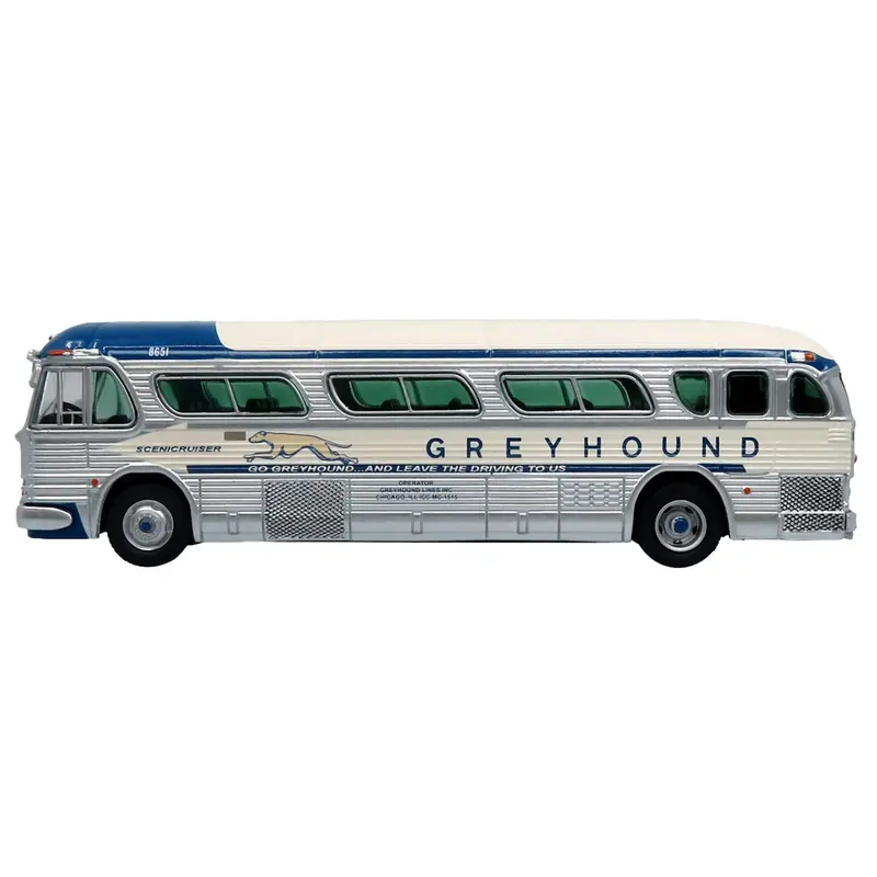 1959 GM PD4104 Motorcoach Bus "Greyhound" Silver and Cream with Blue Stripes "Vintage Bus & Motorcoach Collection" Limited Edition Limited Edition 1/87 (HO) Diecast Model by Iconic Replicas