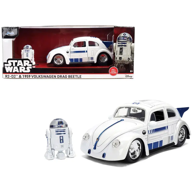 1959 Volkswagen Drag Beetle White with Graphics and R2-D2 Figure "Star Wars" Franchise "Hollywood Rides" Series 1/24 Diecast Model Car by Jada