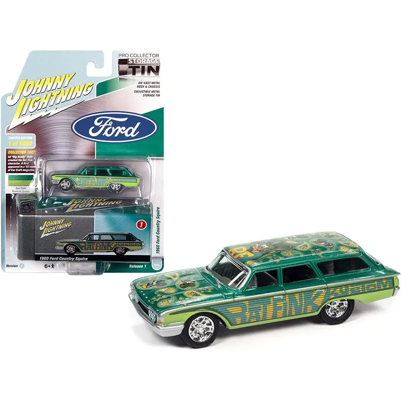 1960 Ford Country Squire "Rat Fink" Kustom Green and Teal with Graphics and Collector Tin Limited Edition to 6020 pieces Worldwide 1/64 Diecast Model Car by Johnny Lightning