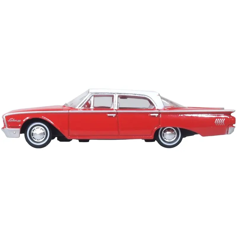 1960 Ford Fairlane Sedan 500 Monte Carlo Red with Corinthian White Top and Interior 1/87 (HO) Scale Diecast Model Car by Oxford Diecast