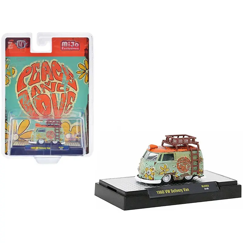 1960 Volkswagen Delivery Van Light Green with Orange Top and Roofrack (Weathered) "Peace and Love" Limited Edition to 4400 pieces Worldwide 1/64 Diecast Model by M2 Machines