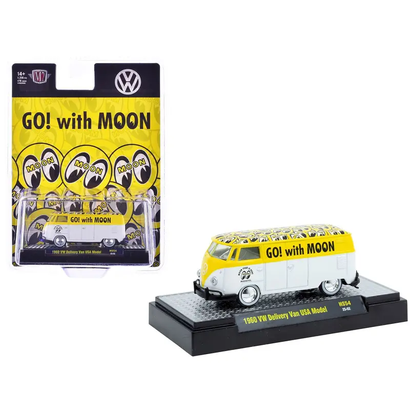 1960 Volkswagen Delivery Van USA Model "MoonEyes" White and Yellow with Top Graphics and White Interior Limited Edition to 5236 pieces Worldwide 1/64 Diecast Model Car by M2 Machines