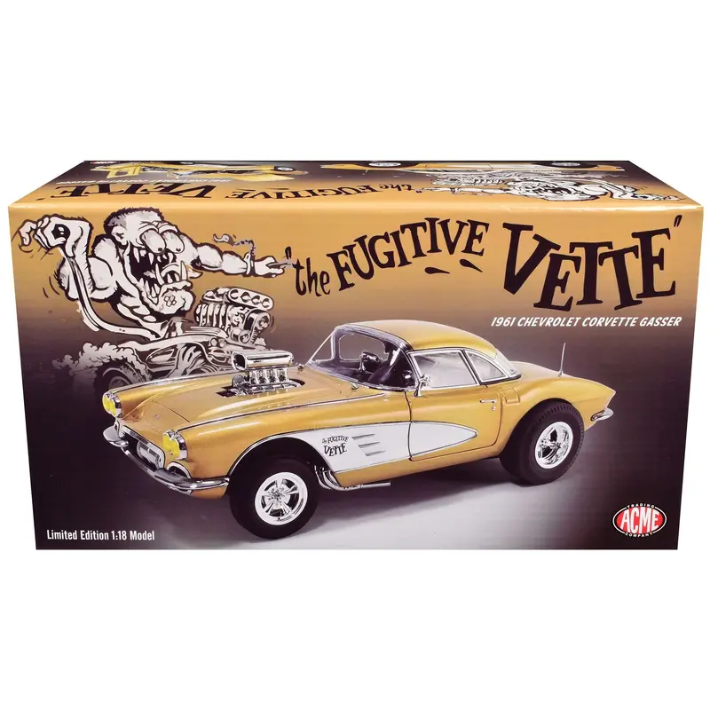 1961 Chevrolet Corvette Gasser "Rat Fink's The Fugitive Vette" Gold Metallic Limited Edition to 414 pieces Worldwide 1/18 Diecast Model Car by ACME
