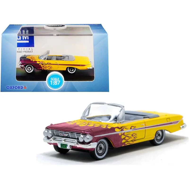 1961 Chevrolet Impala Convertible Yellow with Purple Flames "Hot Rod" 1/87 (HO) Scale Diecast Model Car by Oxford Diecast