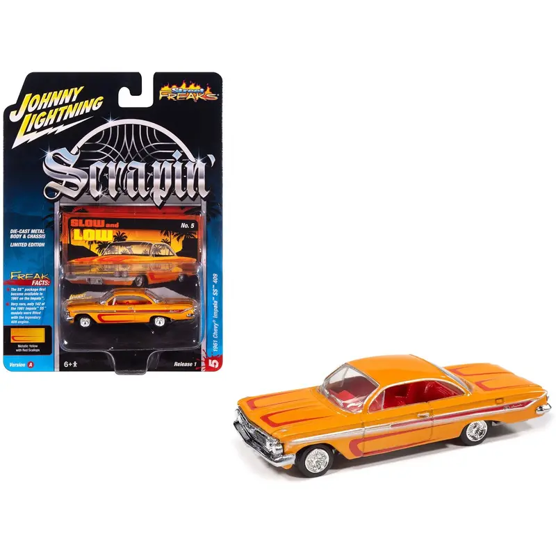 1961 Chevrolet Impala SS 409 Yellow Metallic with Red Stripes and Interior "Scrapin" Series 1/64 Diecast Model Car by Johnny Lightning