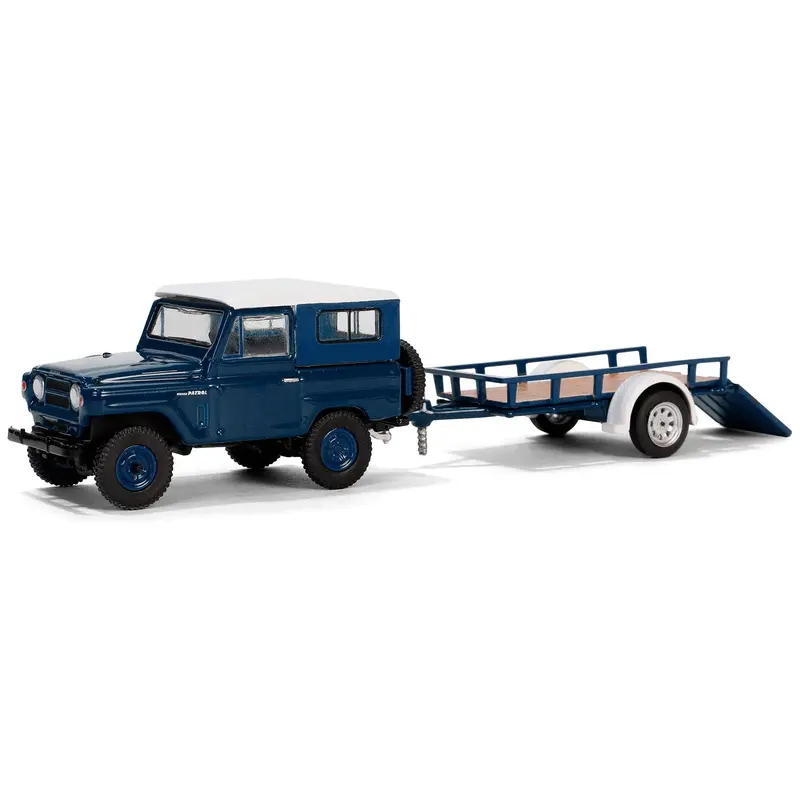 1961 Nissan Patrol Blue with White Top and Utility Trailer "Hitch & Tow Series" 31 1/64 Diecast Model Car by Greenlight