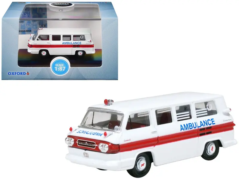 1962 Chevrolet Corvair Greenbrier AmbleWagon Ambulance White with Red Stripes 1/87 (HO) Scale Diecast Model Car by Oxford Diecast