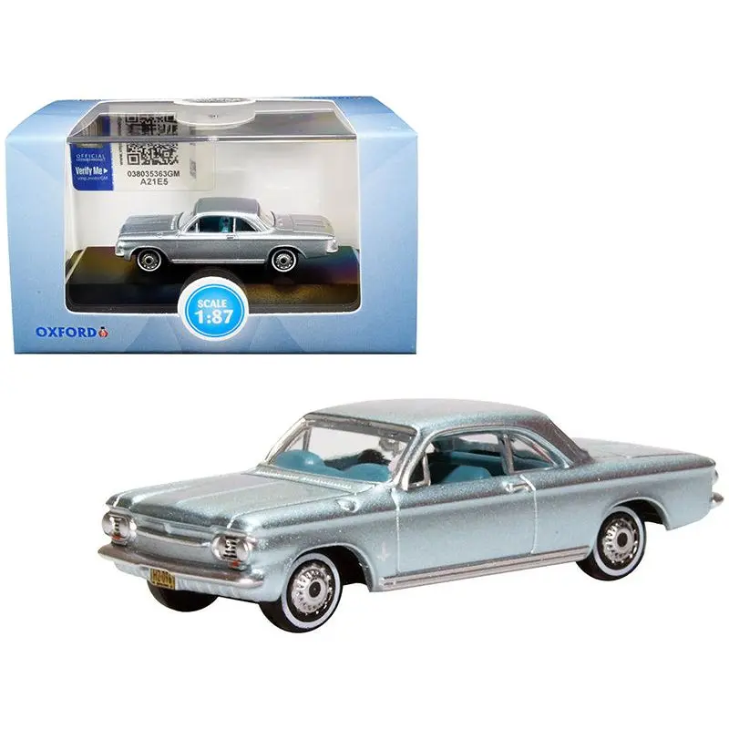 1963 Chevrolet Corvair Coupe Satin Silver Blue Metallic with Blue Interior 1/87 (HO) Scale Diecast Model Car by Oxford Diecast