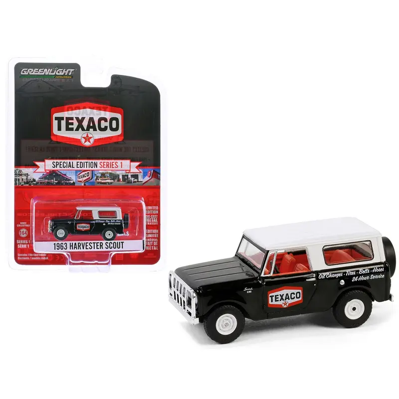 1963 Harvester Scout "Texaco" Black with White Top and Red Interior "Texaco Special Edition" Series 1 1/64 Diecast Model Car by Greenlight