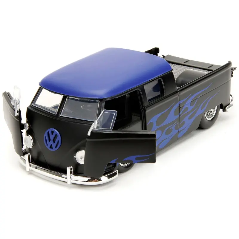 1963 Volkswagen Bus Pickup Truck Matt Black with Matt Blue Top and Flames Graphics "Punch Buggy" Series 1/24 Diecast Model Car by Jada