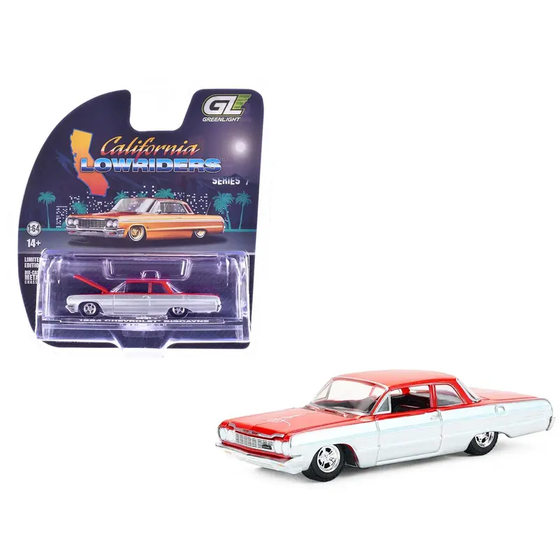 1964 Chevrolet Biscayne Lowrider Silver Metallic and Red Two-Tone "California Lowriders" Series 7 1/64 Diecast Model Car by Greenlight