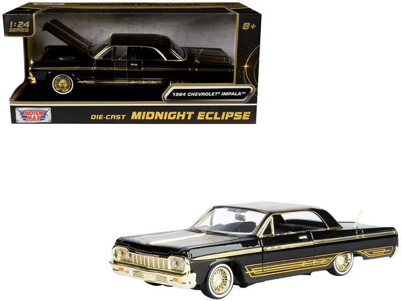 1964 Chevrolet Impala Lowrider Black with Gold Graphics and Wheels "Midnight Eclipse" Series 1/24 Diecast Model Car by Motormax
