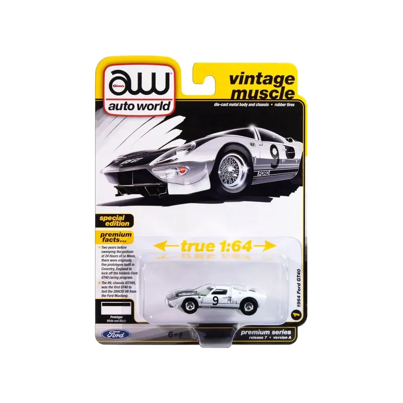 1964 Ford GT40 #9 White with Black Hood and Stripes "Vintage Muscle" Series 1/64 Diecast Model Car by Auto World